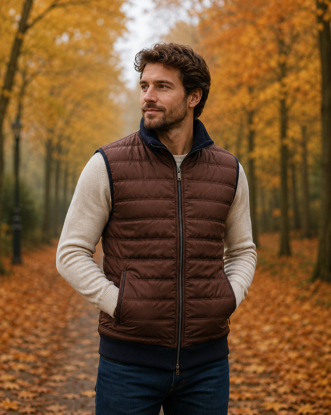 Man in bruine gewatteerde bodywarmer van Mode Monte Carlo en staat in herfstbos, kijkt opzij bij warm gouden bladerenlicht.
